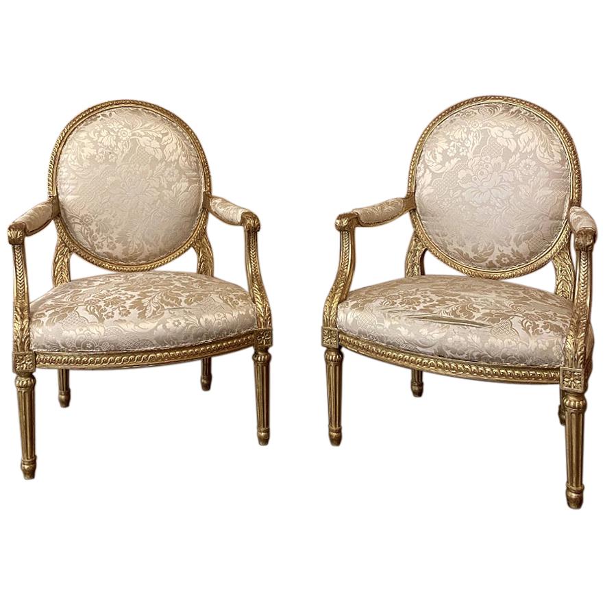 Pair of 19th Century French Louis XVI Gilded Armchairs, Fauteuils