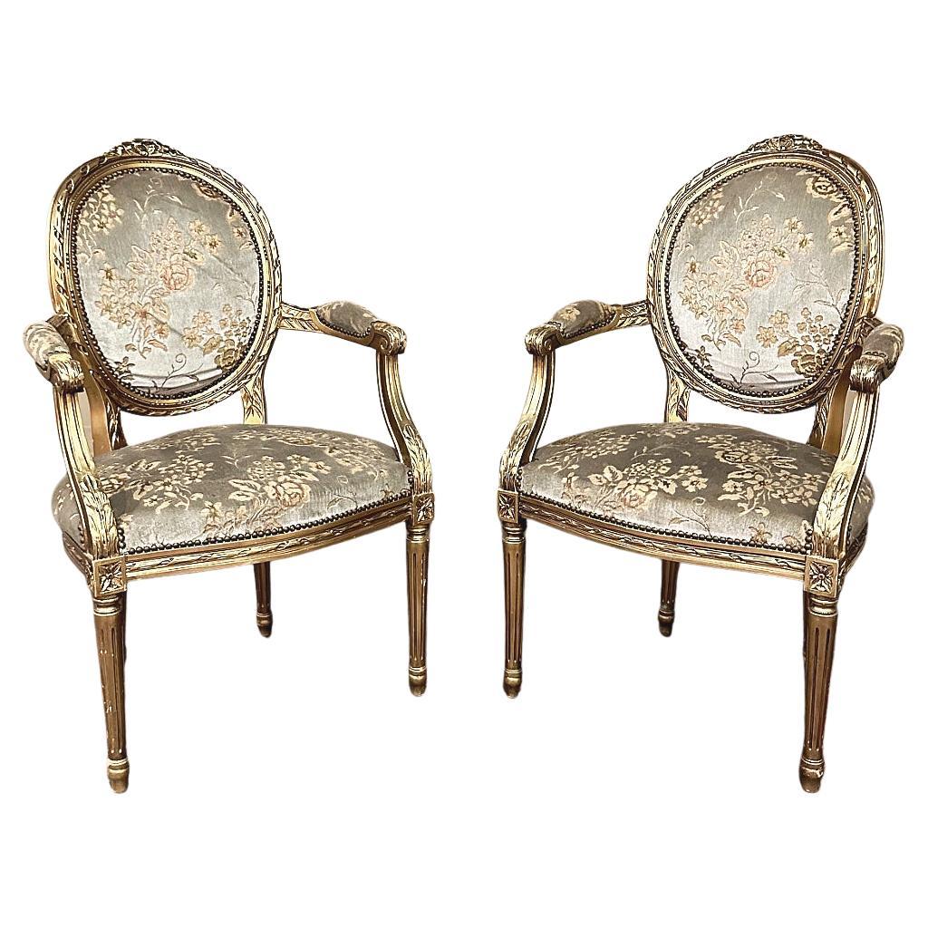 Pair 19th Century French Louis XVI Gilded Armchairs ~ Fauteuils For Sale