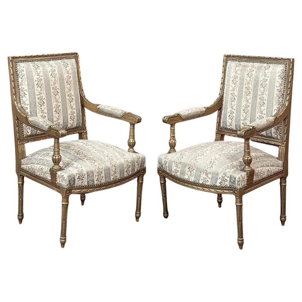 Pair 19th Century French Louis XVI Gilded Armchairs ~ Fauteuils
