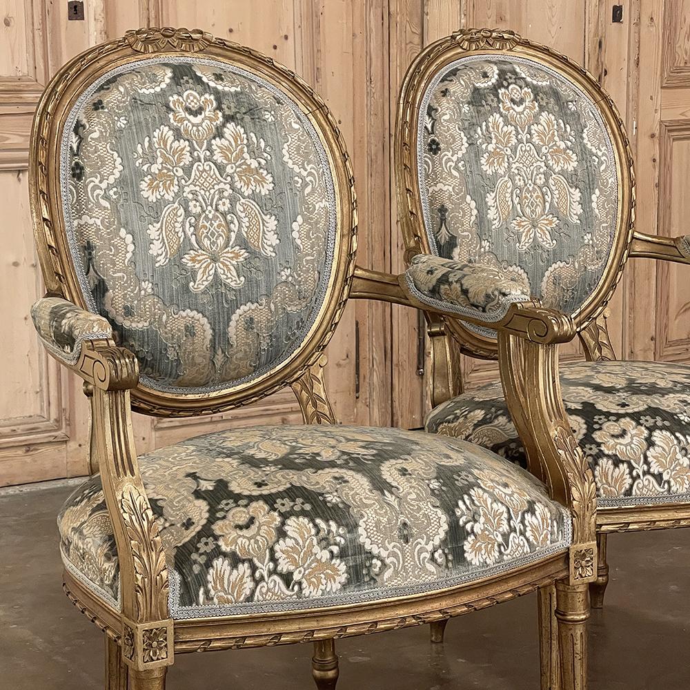 Pair 19th Century French Louis XVI Giltwood Armchairs ~ Fauteuils For Sale 4