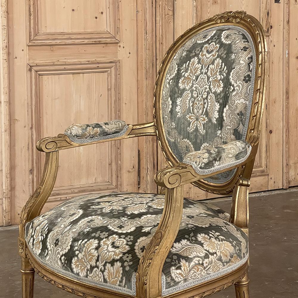 Pair 19th Century French Louis XVI Giltwood Armchairs ~ Fauteuils For Sale 9
