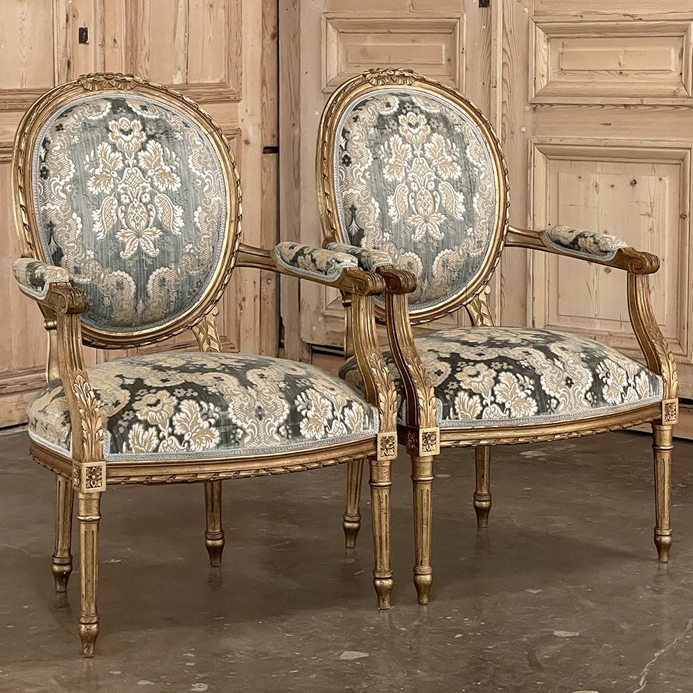 Hand-Carved Pair 19th Century French Louis XVI Giltwood Armchairs ~ Fauteuils For Sale
