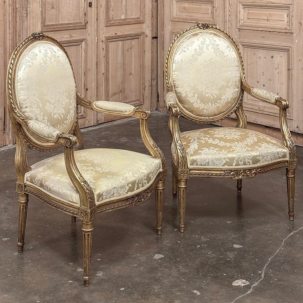 Hand-Carved Pair 19th Century French Louis XVI Giltwood Armchairs ~ Fauteuils For Sale