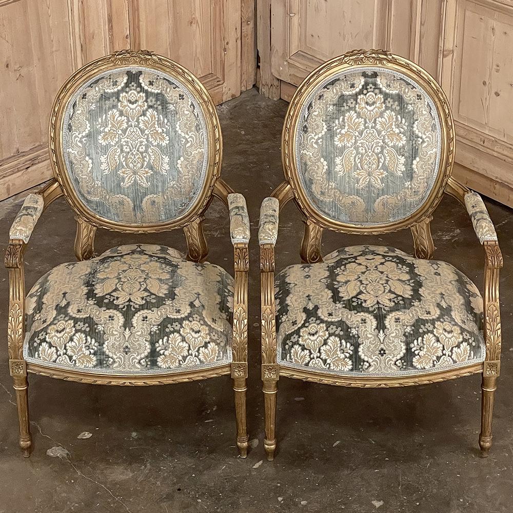 Late 19th Century Pair 19th Century French Louis XVI Giltwood Armchairs ~ Fauteuils For Sale