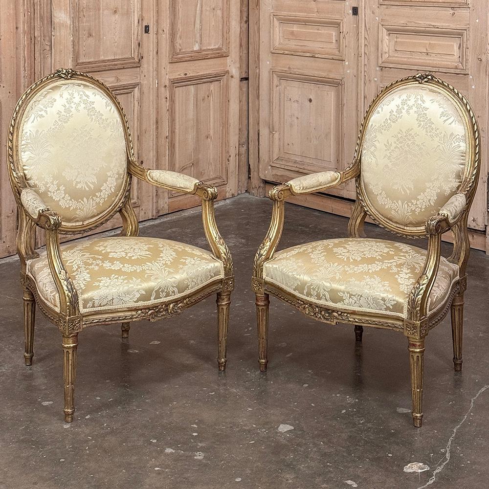 Late 19th Century Pair 19th Century French Louis XVI Giltwood Armchairs ~ Fauteuils For Sale