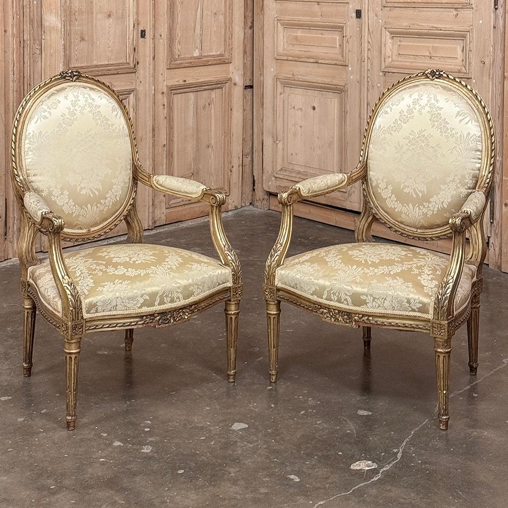 Late 19th Century Pair 19th Century French Louis XVI Giltwood Armchairs ~ Fauteuils For Sale
