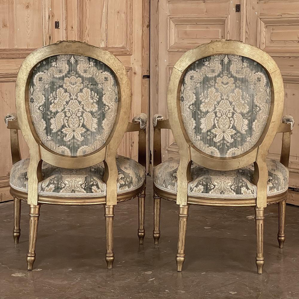 Silk Pair 19th Century French Louis XVI Giltwood Armchairs ~ Fauteuils For Sale