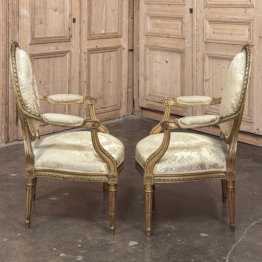 Silk Pair 19th Century French Louis XVI Giltwood Armchairs ~ Fauteuils For Sale