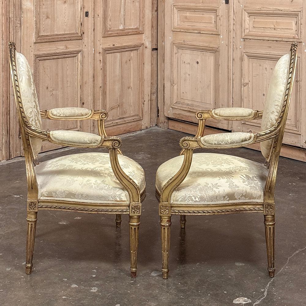 Silk Pair 19th Century French Louis XVI Giltwood Armchairs ~ Fauteuils For Sale