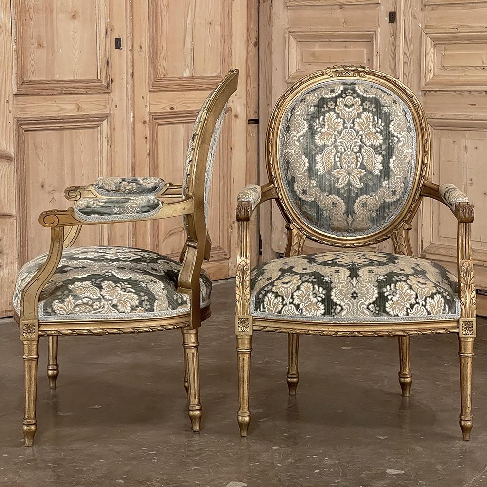 Pair 19th Century French Louis XVI Giltwood Armchairs ~ Fauteuils For Sale 1