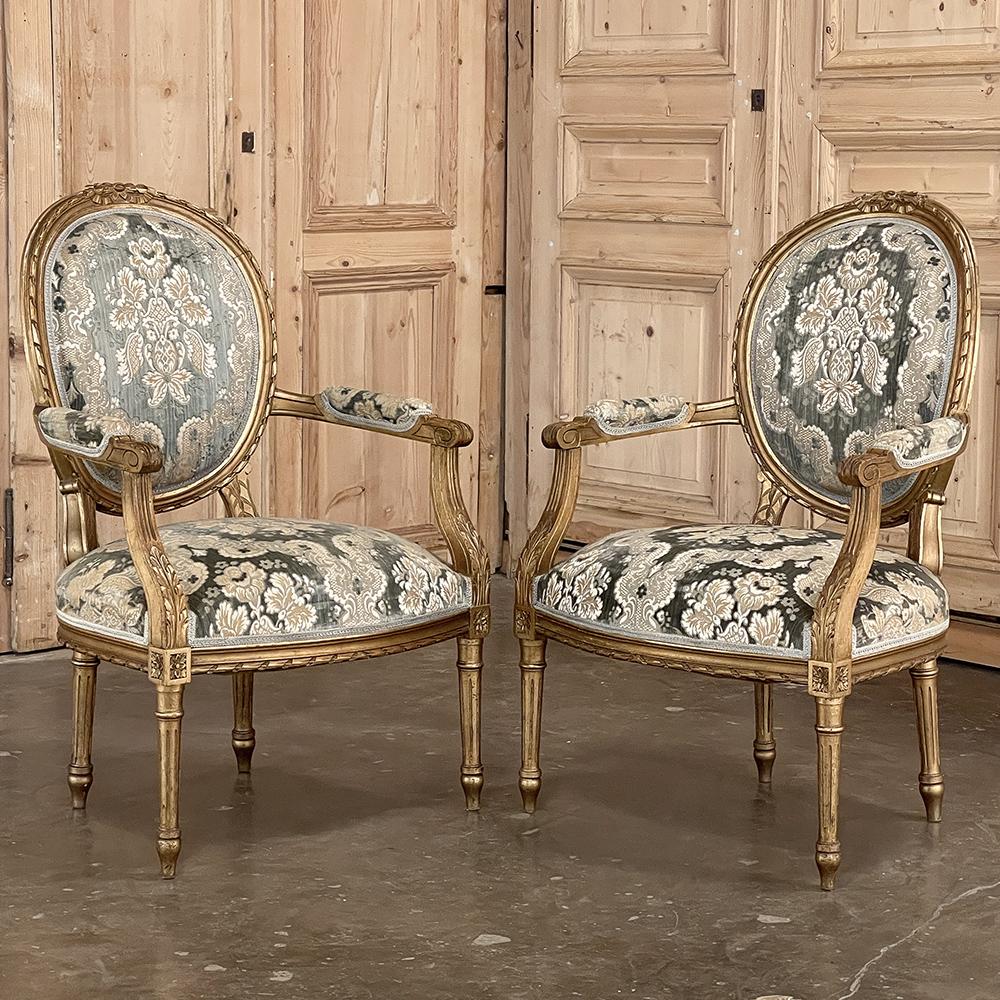 Pair 19th Century French Louis XVI Giltwood Armchairs ~ Fauteuils For Sale 2