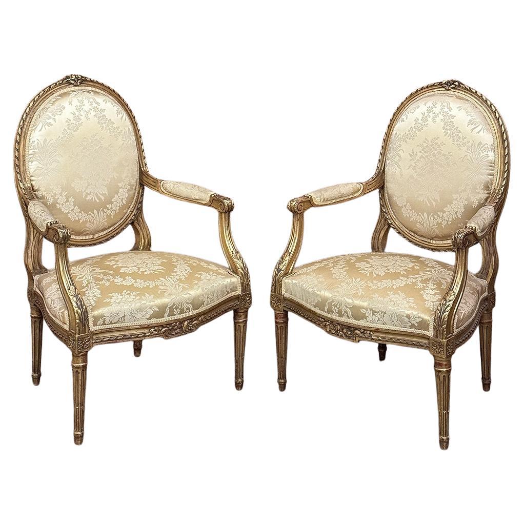 Pair 19th Century French Louis XVI Giltwood Armchairs ~ Fauteuils
