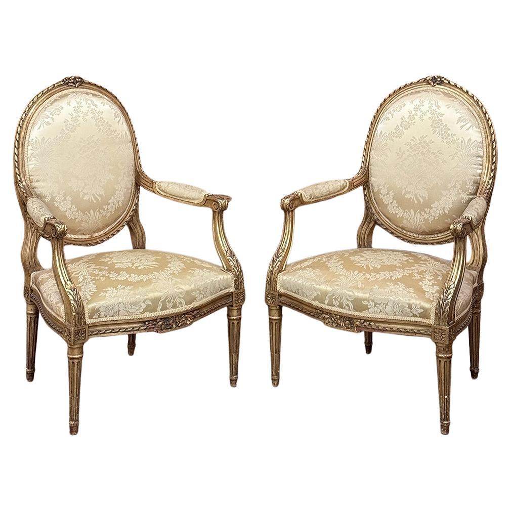 Pair 19th Century French Louis XVI Giltwood Armchairs ~ Fauteuils For Sale