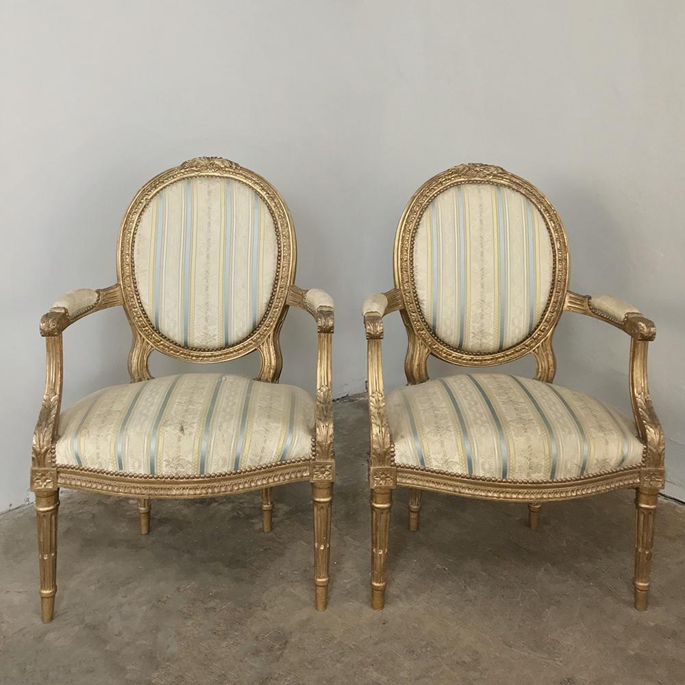 Late 19th Century Pair of 19th Century French Louis XVI Giltwood Armchairs For Sale