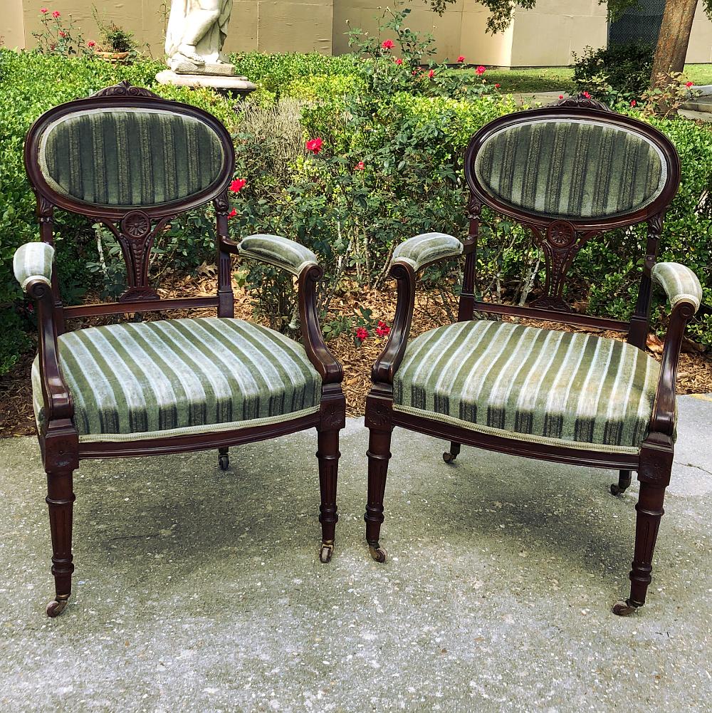 Hand-Carved Pair 19th Century French Louis XVI Mahogany Armchairs ~ Fauteuils For Sale