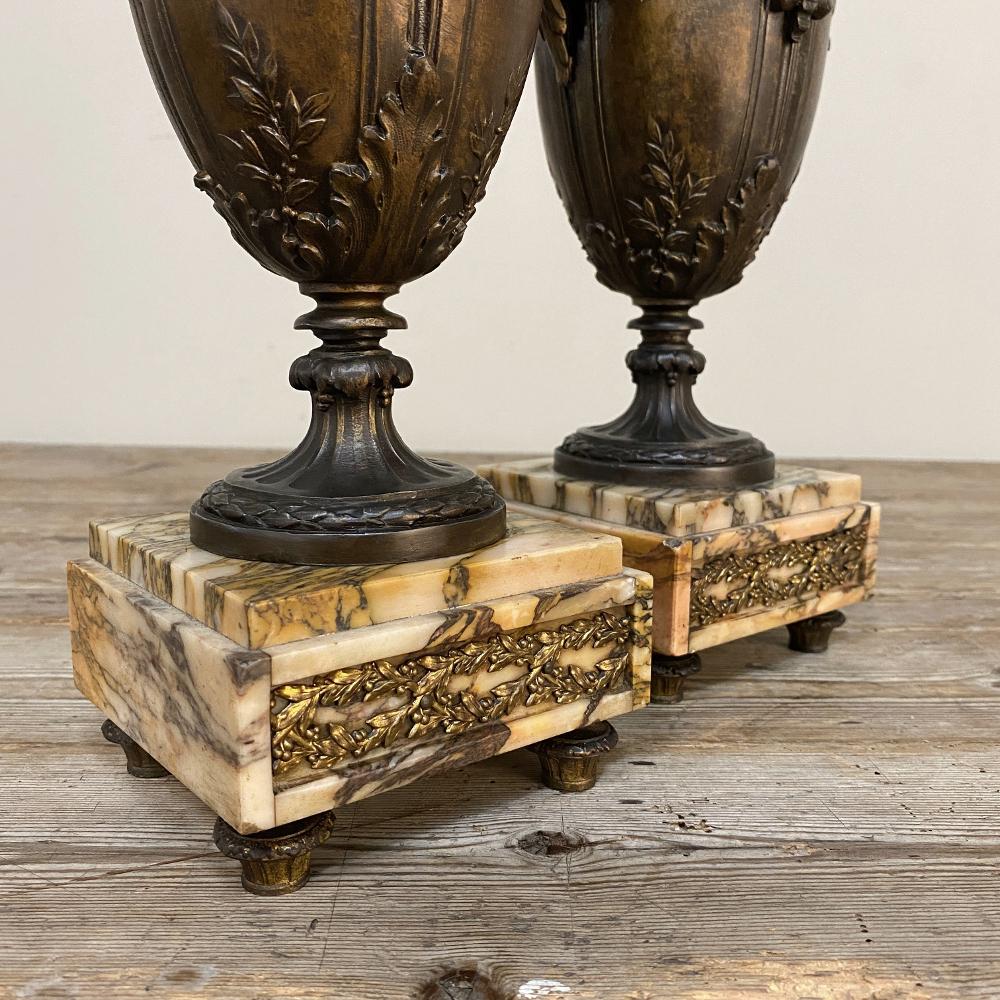 Pair of 19th Century French Louis XVI Mantel Urns on Marble Bases For Sale 6