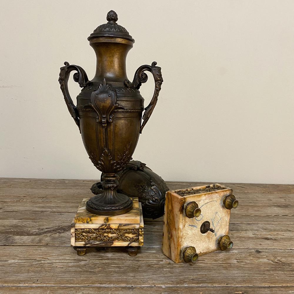 Pair of 19th Century French Louis XVI Mantel Urns on Marble Bases For Sale 7