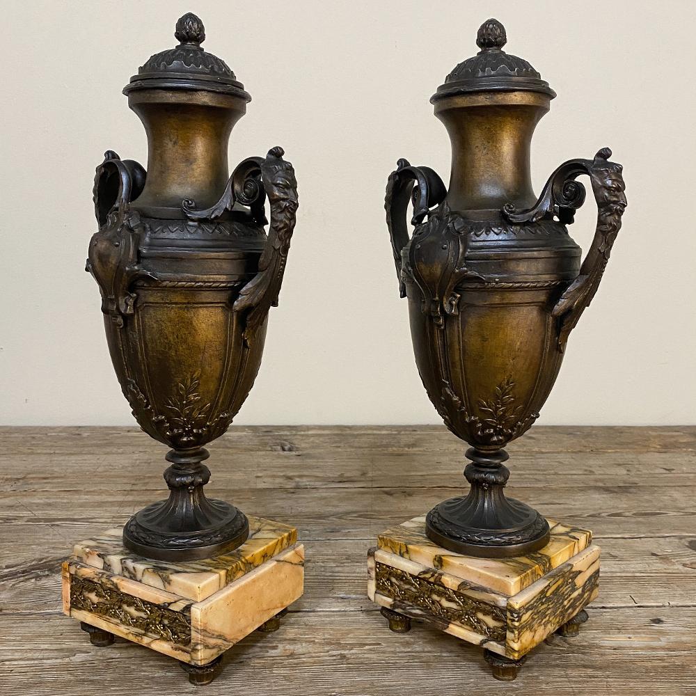 Hand-Crafted Pair of 19th Century French Louis XVI Mantel Urns on Marble Bases For Sale
