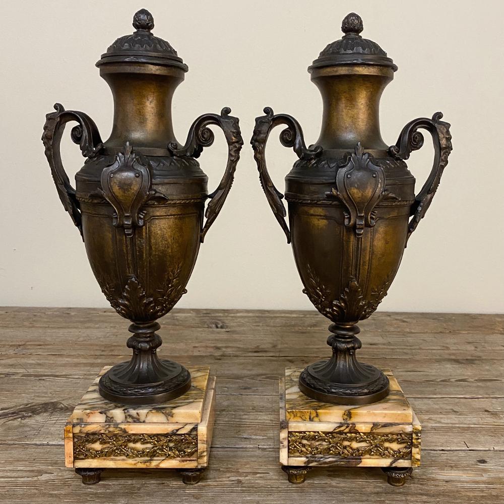 Late 19th Century Pair of 19th Century French Louis XVI Mantel Urns on Marble Bases For Sale