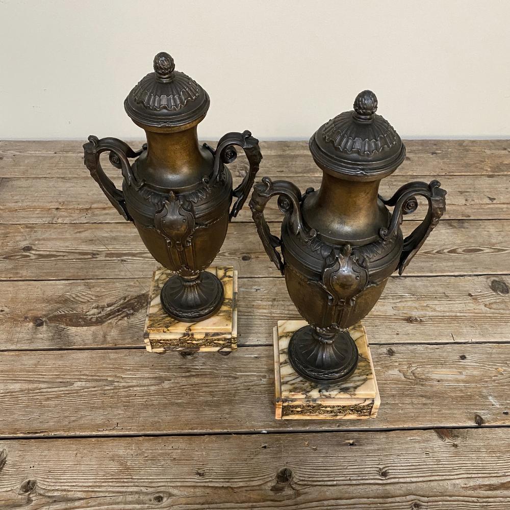 Spelter Pair of 19th Century French Louis XVI Mantel Urns on Marble Bases For Sale