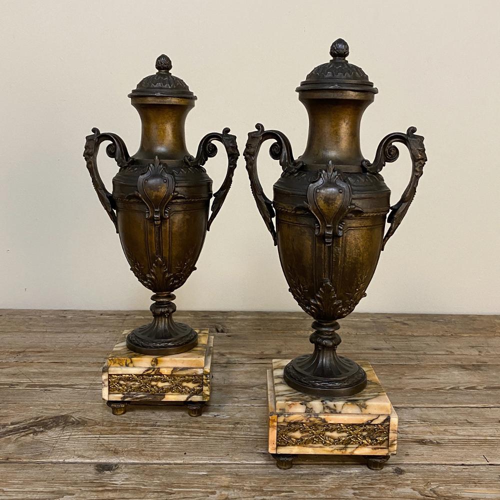 Pair of 19th Century French Louis XVI Mantel Urns on Marble Bases For Sale 1