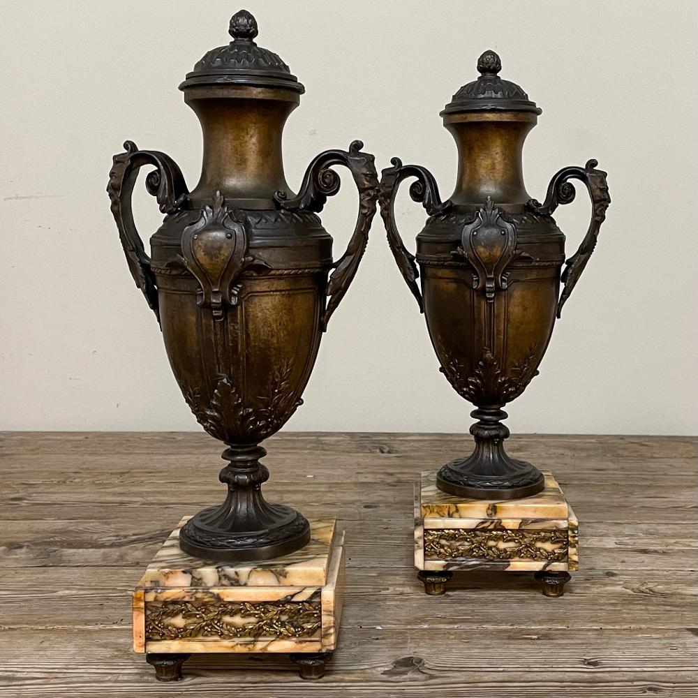 Pair of 19th Century French Louis XVI Mantel Urns on Marble Bases For Sale 2