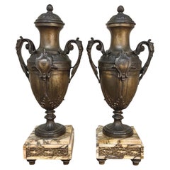 Paire d'urnes de cheminée Louis XVI du 19ème siècle sur socles en marbre