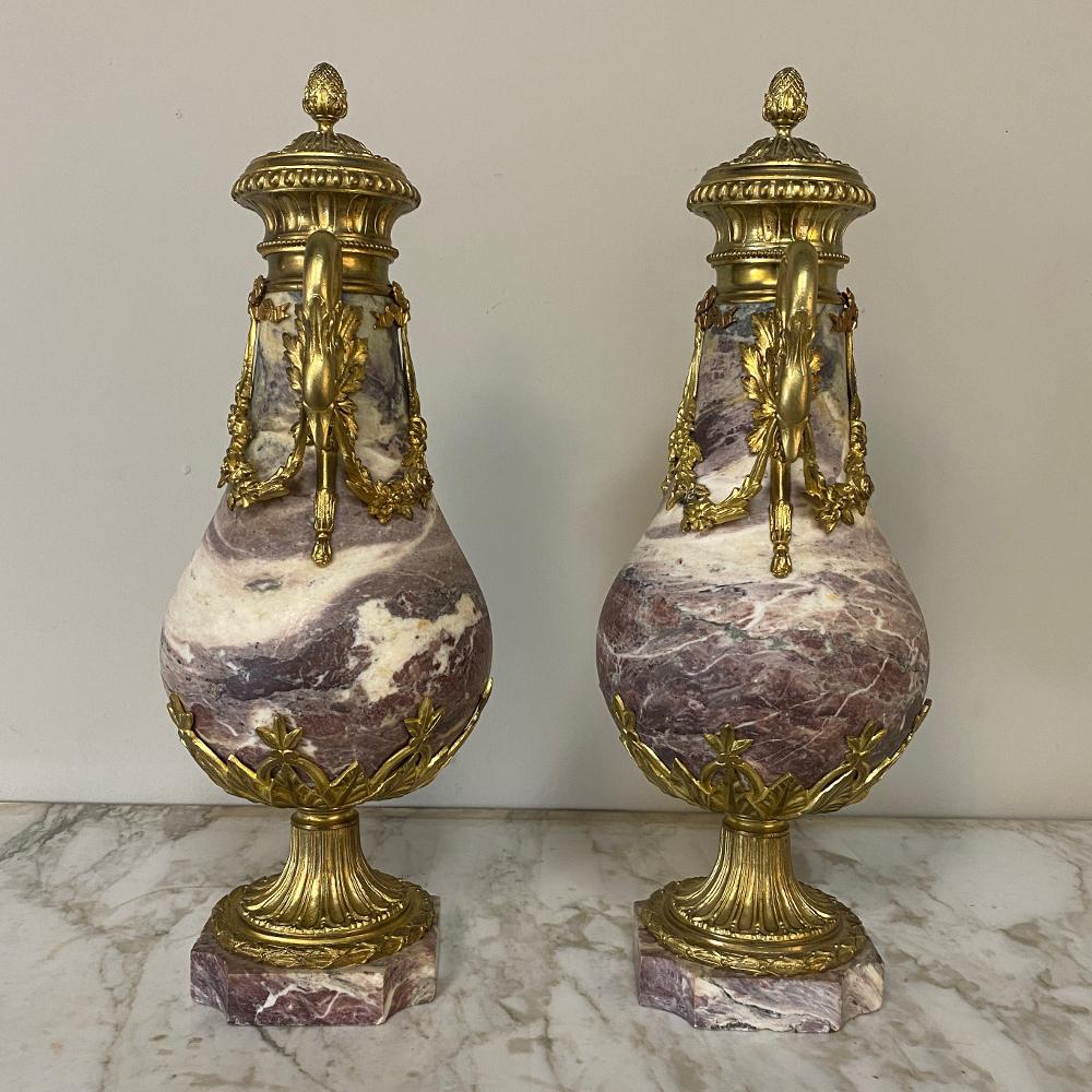 Hand-Crafted Pair of 19th Century French Louis XVI Marble and Bronze Cassolettes For Sale