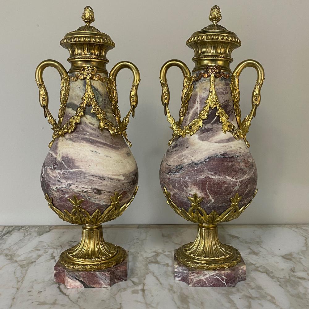 Late 19th Century Pair of 19th Century French Louis XVI Marble and Bronze Cassolettes For Sale