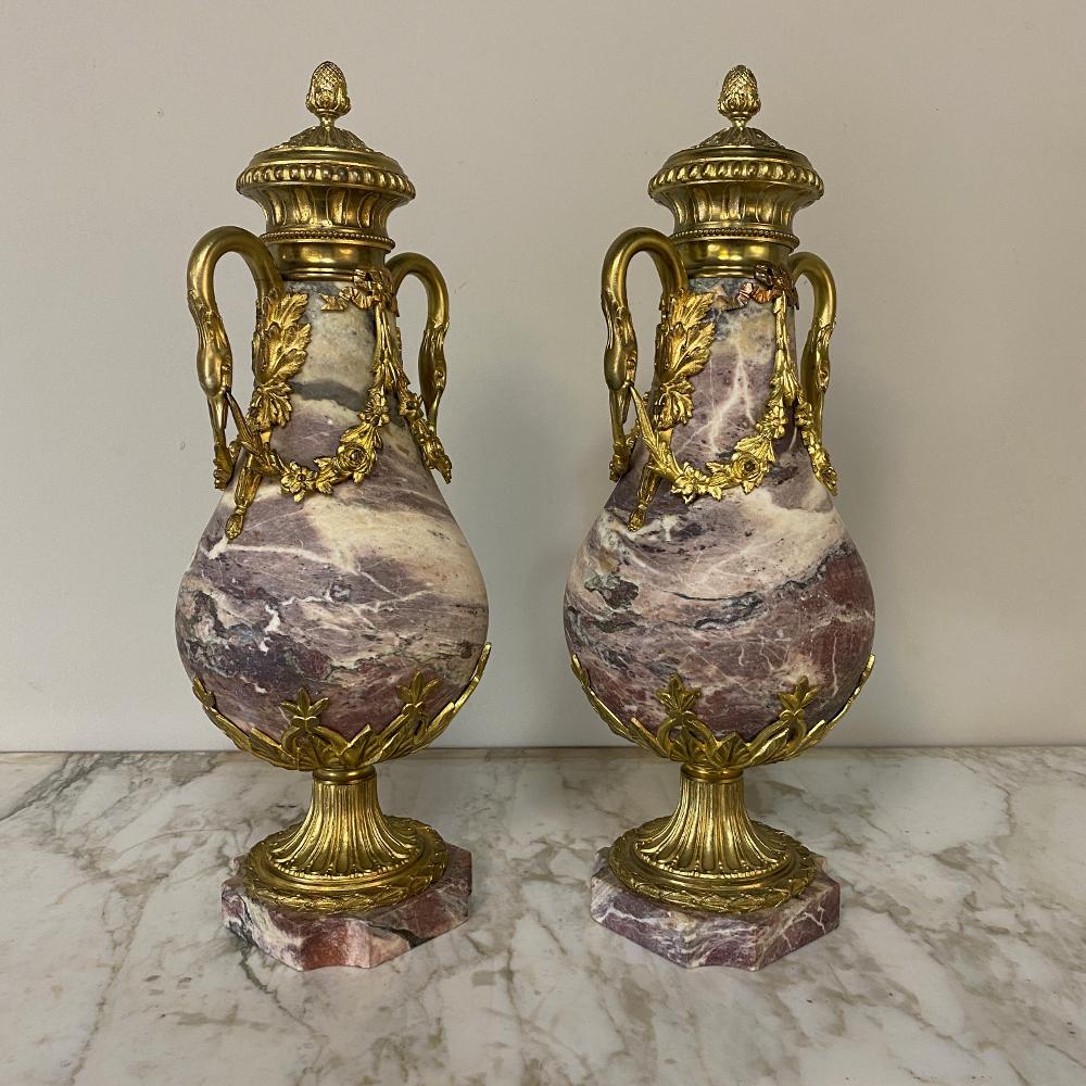 Pair of 19th Century French Louis XVI Marble and Bronze Cassolettes For Sale 1