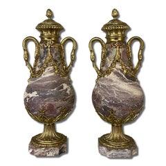Pair 19th Century French Louis XVI Marble & Bronze D'Or Cassolettes