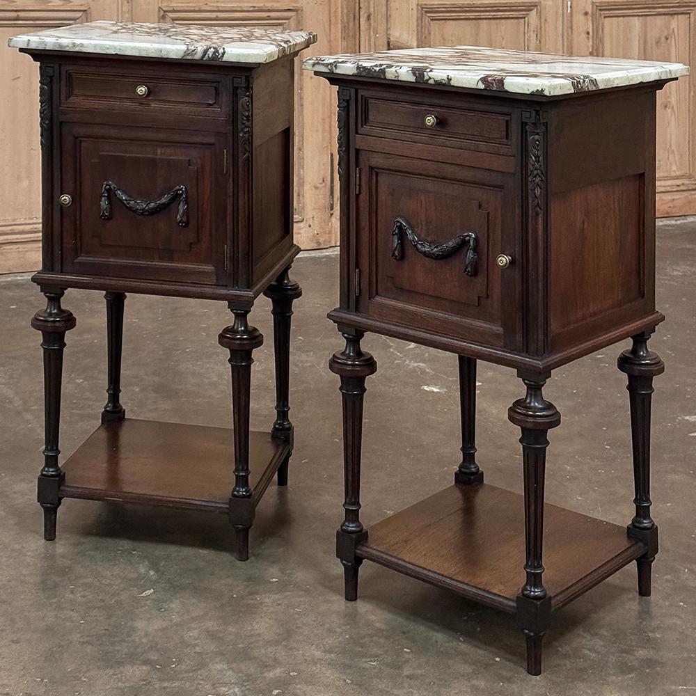 Hand-Crafted Pair 19th Century French Louis XVI Marble Top Nightstands For Sale