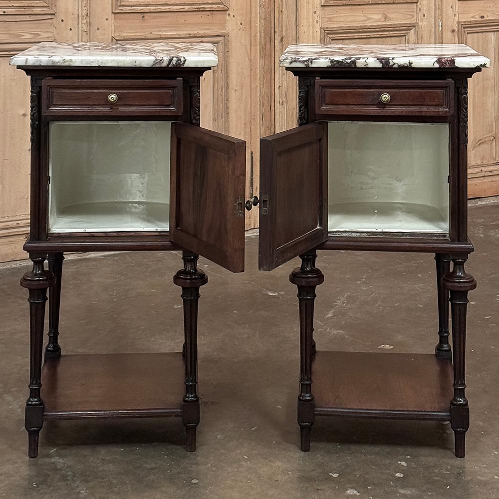 Pair 19th Century French Louis XVI Marble Top Nightstands In Good Condition For Sale In Dallas, TX