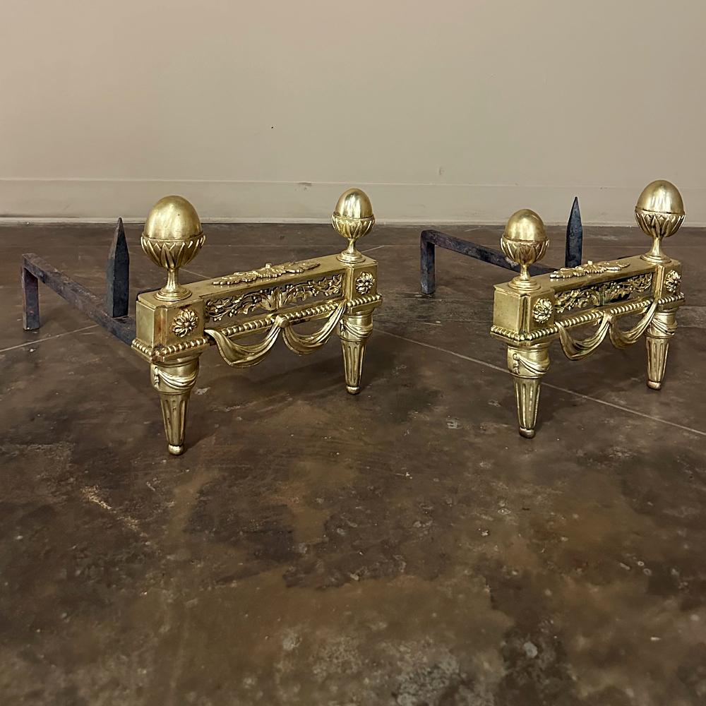 Pair 19th century French Louis XVI neoclassical bronze Andirons will make an exceptional finishing touch to your hearth! Cast in solid bronze, each features a variety of classical motifs that remain truly timeless after three millennia. Most