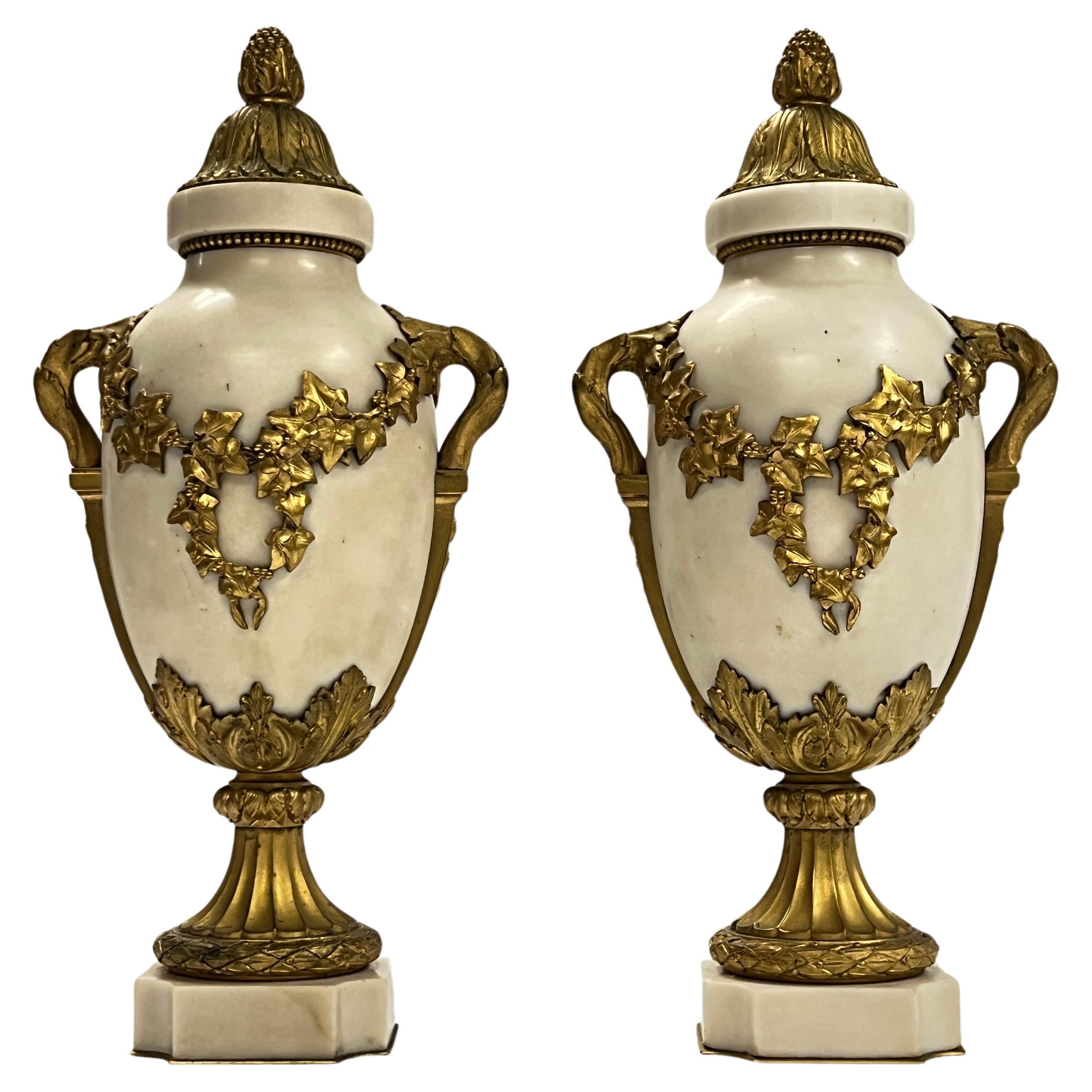 Pair 19th Century French Louis XVI Ormolu Bronze Mounted White Marble Urns