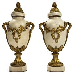 Pair 19th Century French Louis XVI Ormolu Bronze Mounted White Marble Urns