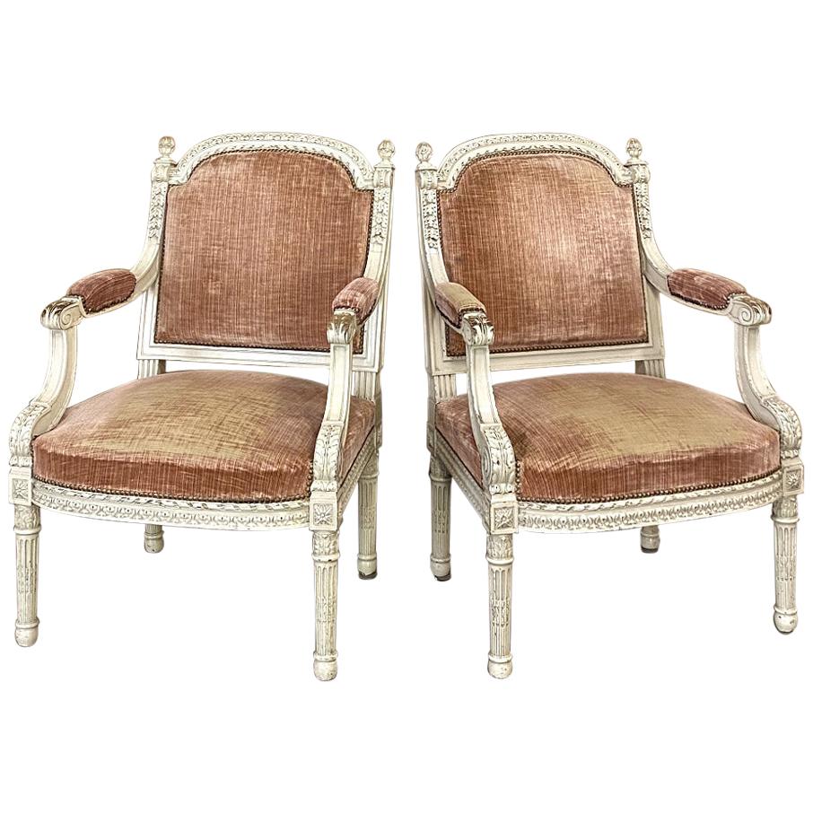 Pair of 19th Century French Louis XVI Painted Armchairs, Fauteuils