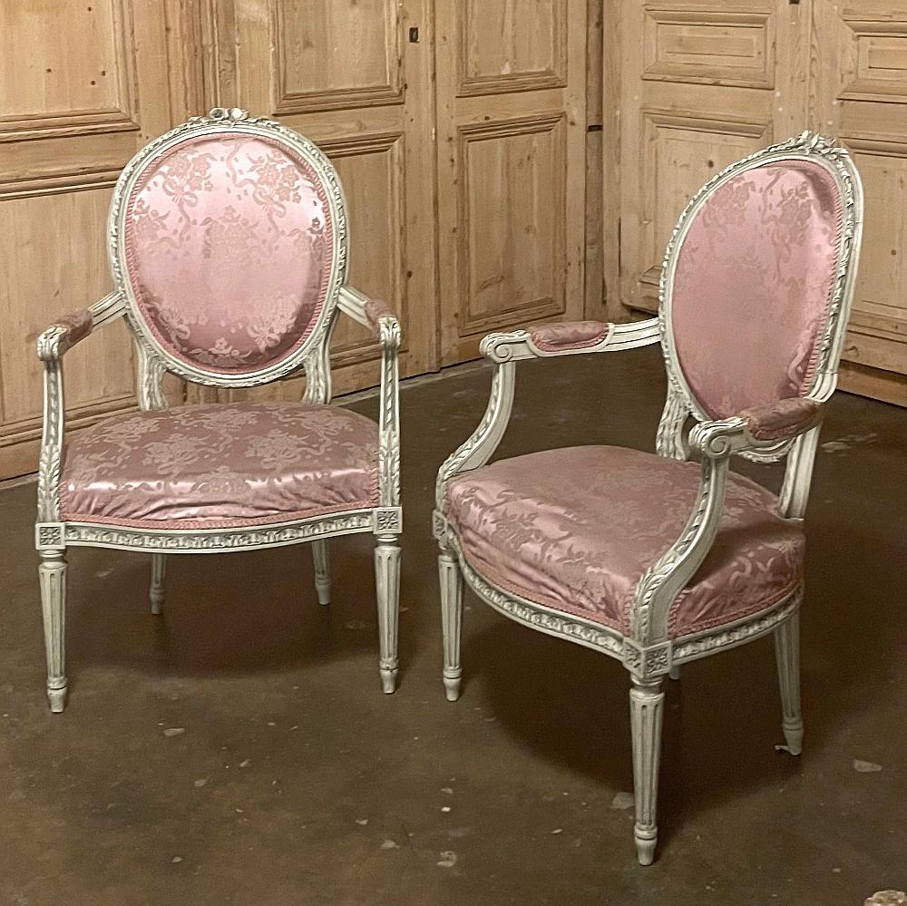 Hand-Carved Pair 19th Century French Louis XVI Painted Armchairs For Sale