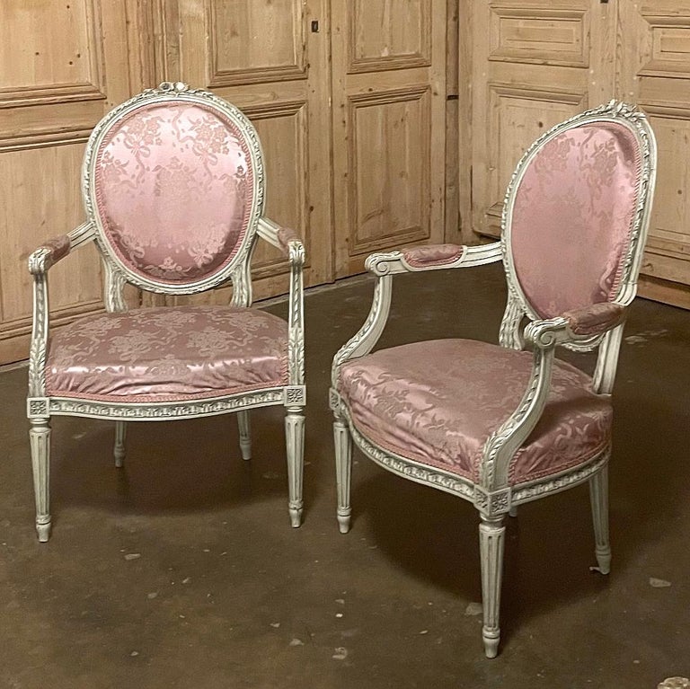 Pair 19th Century French Louis XVI Painted Armchairs For Sale at 1stDibs