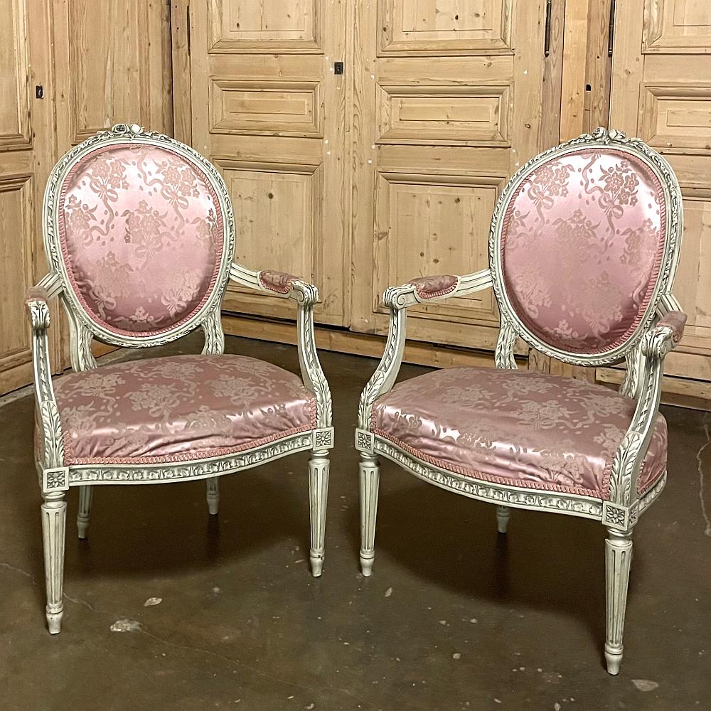 Late 19th Century Pair 19th Century French Louis XVI Painted Armchairs For Sale