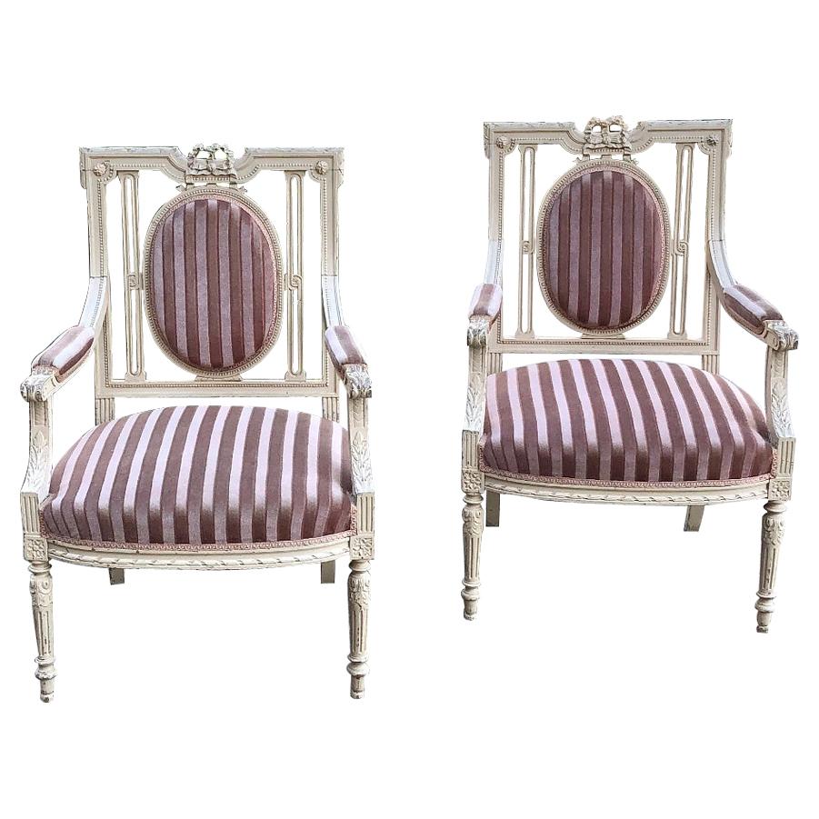 Pair of 19th Century French Louis XVI Painted Armchairs For Sale