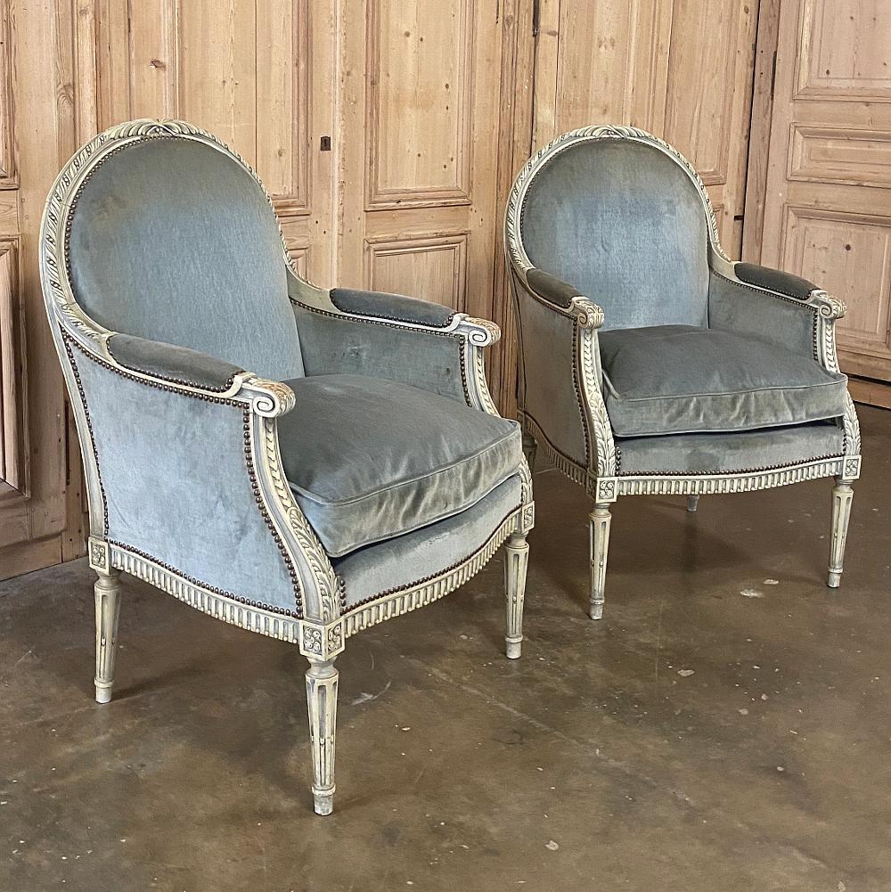 Hand-Carved Pair of 19th Century French Louis XVI Painted Bergères, Armchairs