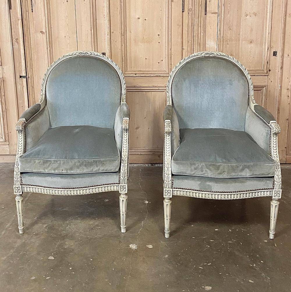 Late 19th Century Pair of 19th Century French Louis XVI Painted Bergères, Armchairs