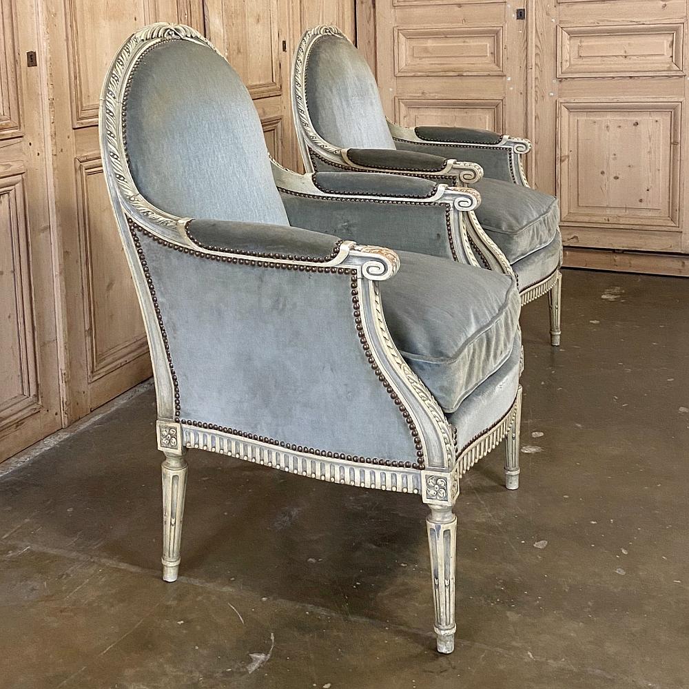 Mohair Pair of 19th Century French Louis XVI Painted Bergères, Armchairs