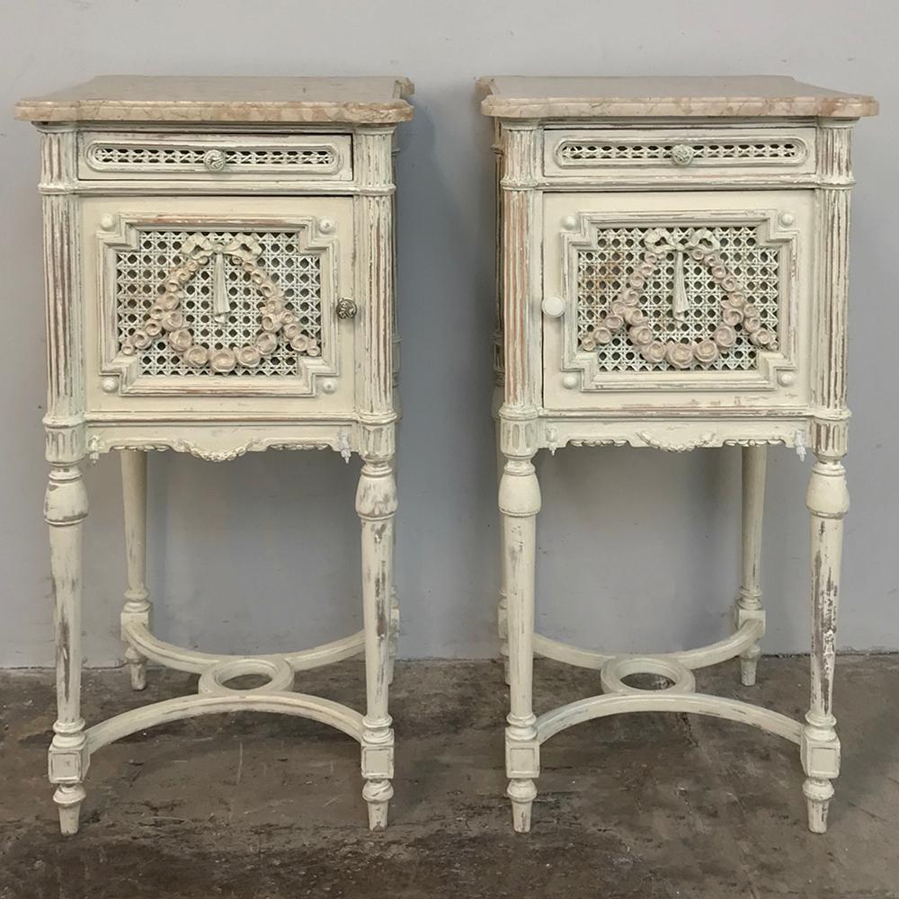 Pair of 19th Century French Louis XVI Painted Marble-Top Nightstands In Good Condition In Dallas, TX