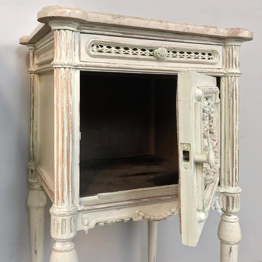 Cane Pair of 19th Century French Louis XVI Painted Marble-Top Nightstands