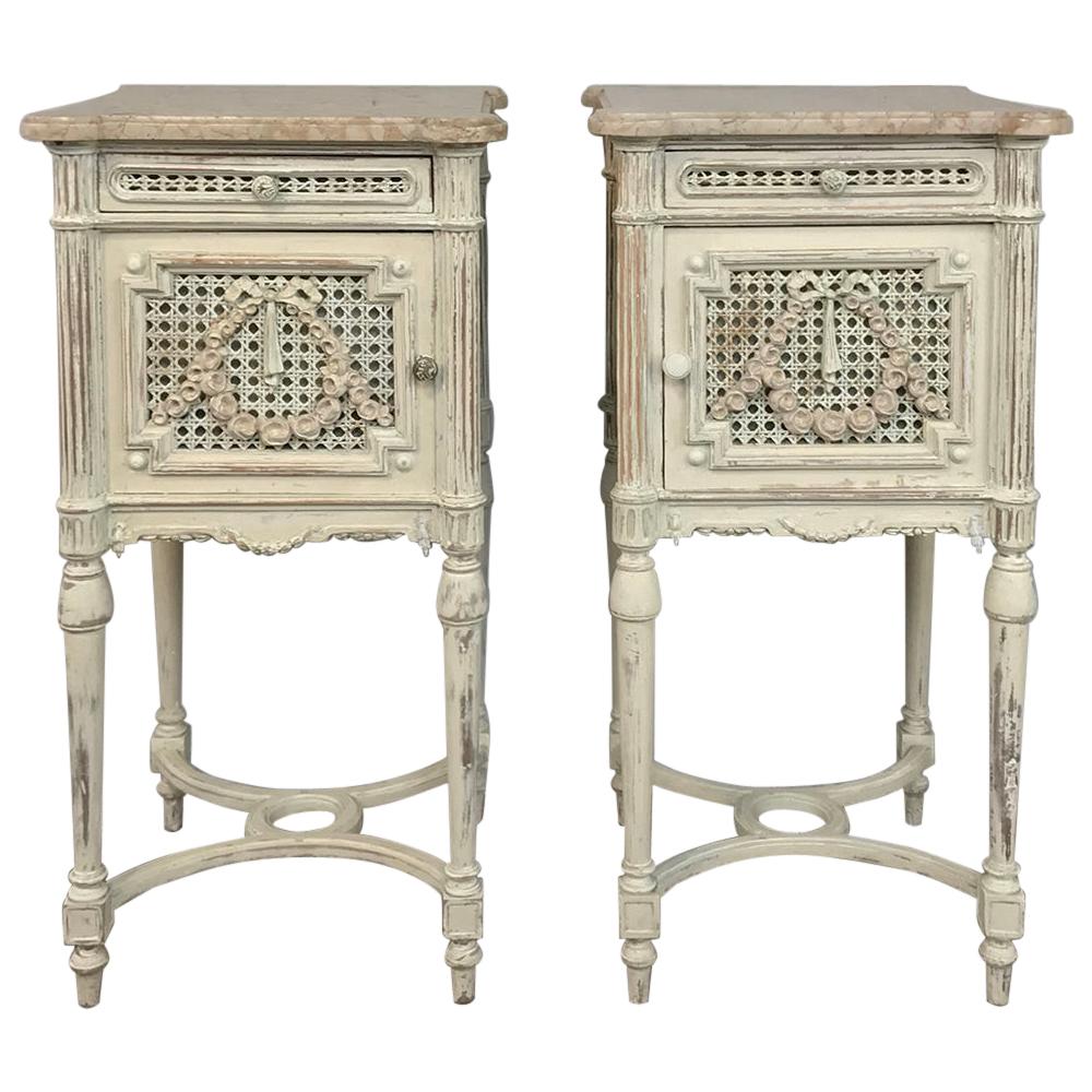Pair of 19th Century French Louis XVI Painted Marble-Top Nightstands