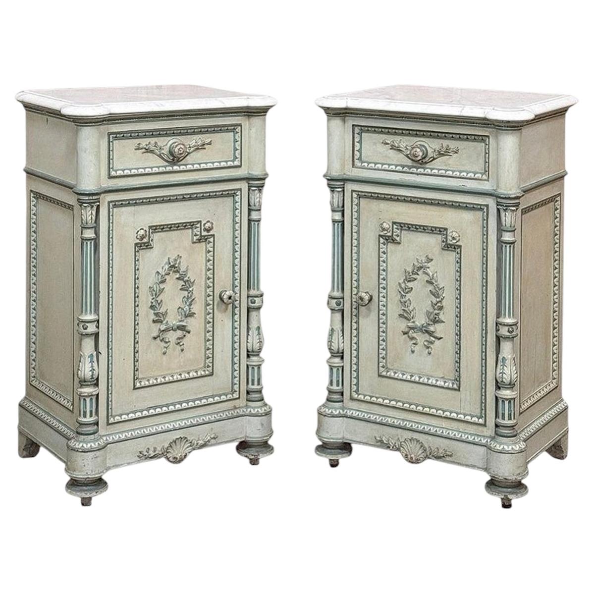 Pair 19th Century French Louis XVI Painted Nightstands with Carrara Marble
