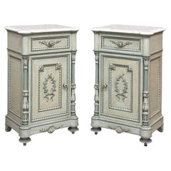 Pair 19th Century French Louis XVI Painted Nightstands with Carrara Marble