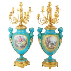 Pair 19th Century French Louis XVI Sevres Style Porcelain Gilt Bronze Candelabra